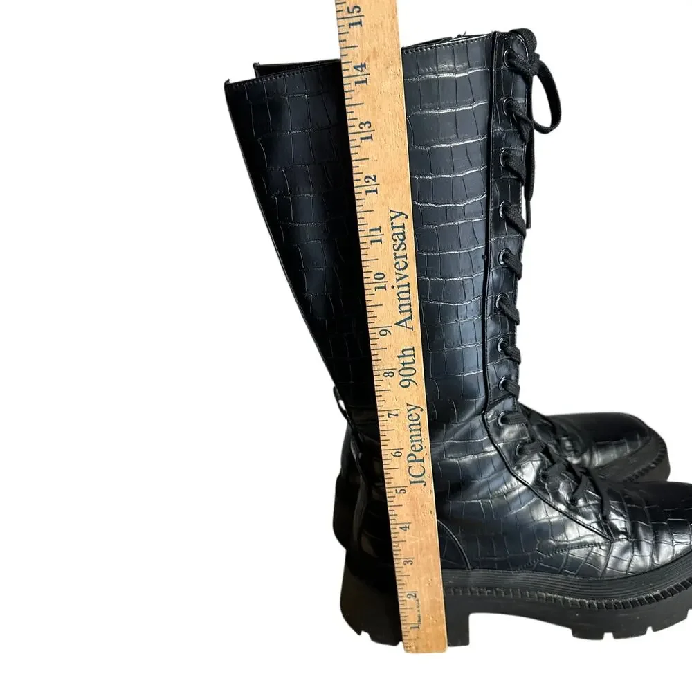 Zara Black Croc Embossed Combat Boots Platform Lug Sole Lace Up EU 39 US 8 - Picture 4 of 12
